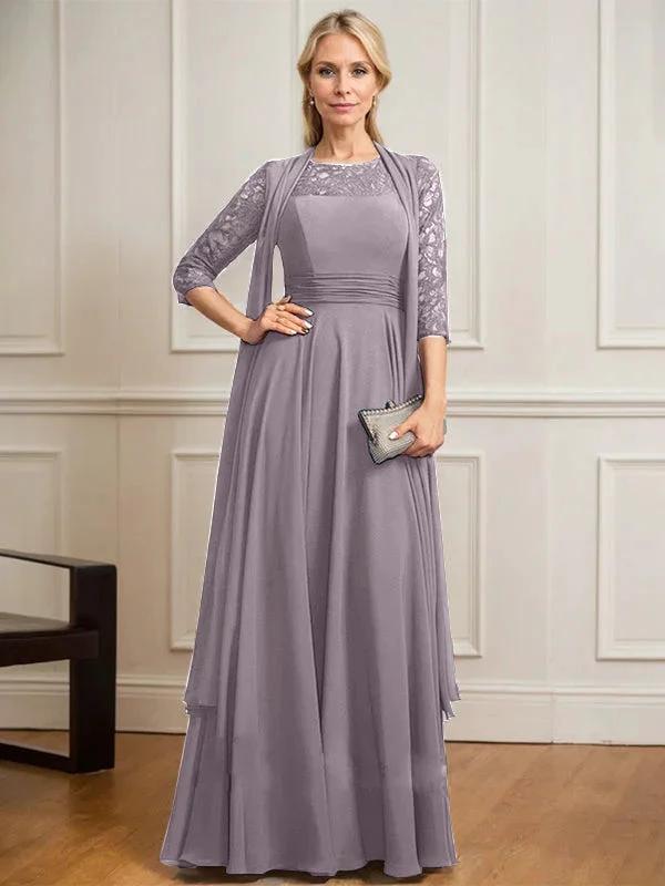 A-line Scoop Illusion Floor-Length Lace Chiffon Mother of the Bride Dress With Pleated by Dreamylily