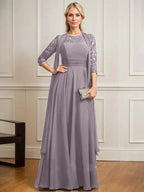 A-line Scoop Illusion Floor-Length Lace Chiffon Mother of the Bride Dress With Pleated by Dreamylily