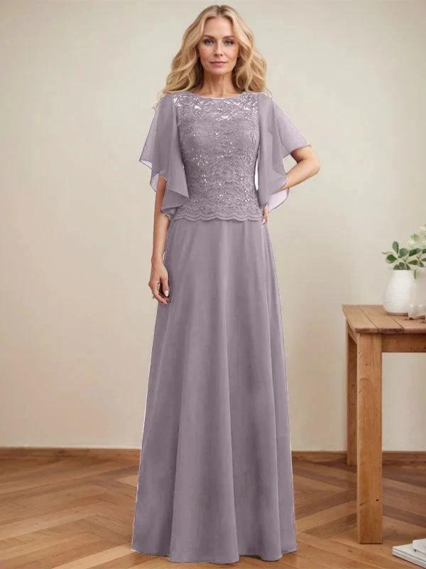 A-line Scoop Illusion Floor-Length Lace Chiffon Mother of the Bride Dress With Sequins by Dreamylily