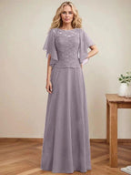 A-line Scoop Illusion Floor-Length Lace Chiffon Mother of the Bride Dress With Sequins by Dreamylily