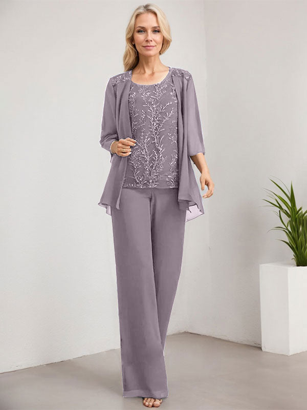 Separates Jumpsuit/Pantsuit Scoop Floor-Length Lace Chiffon Mother of the Bride Dress With Sequins