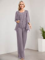 Separates Jumpsuit/Pantsuit Scoop Floor-Length Lace Chiffon Mother of the Bride Dress With Sequins