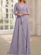 A-line V-Neck Floor-Length Chiffon Mother of the Bride Dress With Pleated Beading by Dreamylily