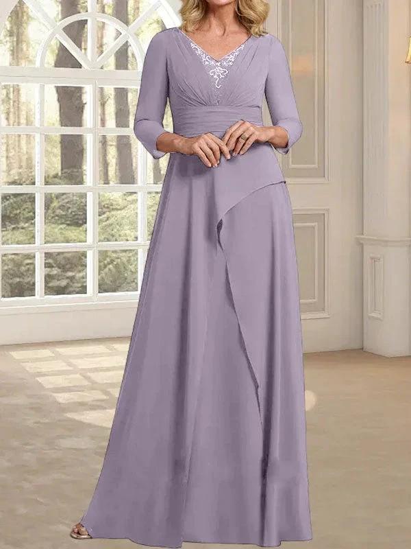 A-line V-Neck Floor-Length Chiffon Mother of the Bride Dress With Pleated Beading by Dreamylily