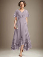 A-line V-Neck Asymmetrical Lace Chiffon Mother of the Bride Dress With Pleated by Dreamylily