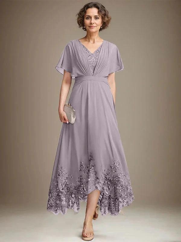 A-line V-Neck Asymmetrical Lace Chiffon Mother of the Bride Dress With Pleated by Dreamylily