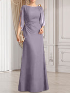 Etui-Linie/Säule U-Ausschnitt Bodenlang Chiffon Kleid für die Brautmutter mit Plissee Perlenbesatz