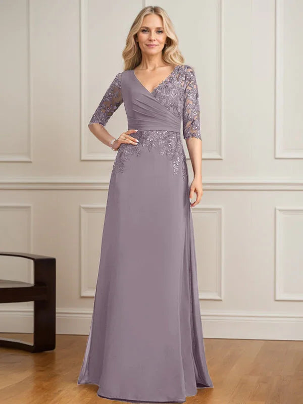 A-line V-Neck Floor-Length Lace Chiffon Mother of the Bride Dress With Pleated Sequins by Dreamylily