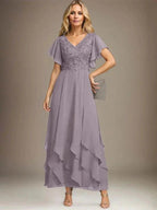 A-line V-Neck Ankle-Length Lace Chiffon Mother of the Bride Dress With Cascading Ruffles by Dreamylily