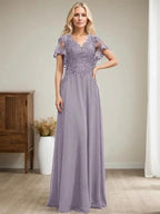 A-line V-Neck Floor-Length Lace Chiffon Mother of the Bride Dress With Sequins by Dreamylily