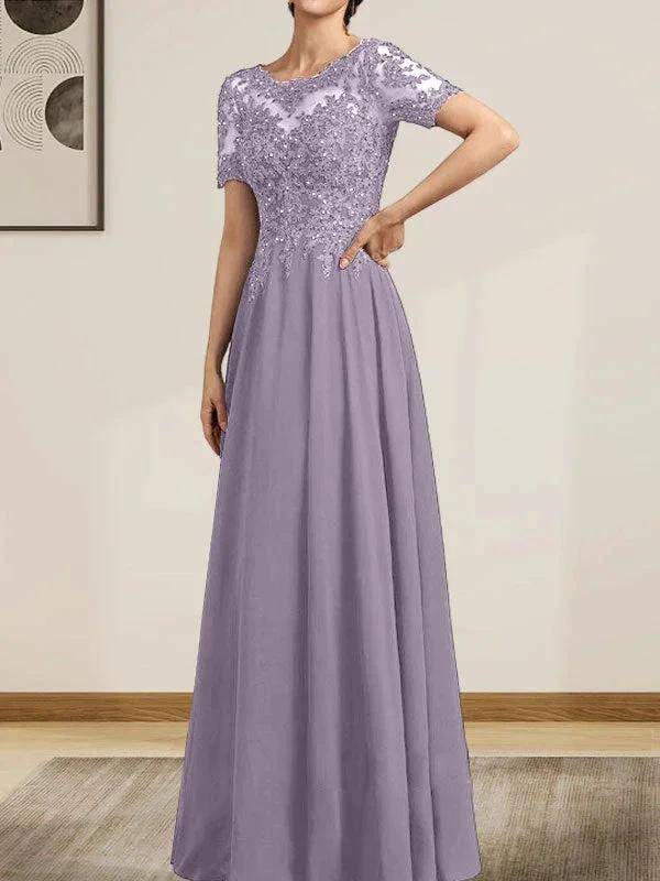 A-line Scoop Illusion Floor-Length Chiffon Lace Mother of the Bride Dress With Sequins Beading by Dreamylily