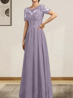 A-line Scoop Illusion Floor-Length Chiffon Lace Mother of the Bride Dress With Sequins Beading by Dreamylily