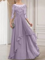 A-line Scoop Illusion Floor-Length Lace Chiffon Mother of the Bride Dress With Cascading Ruffles by Dreamylily