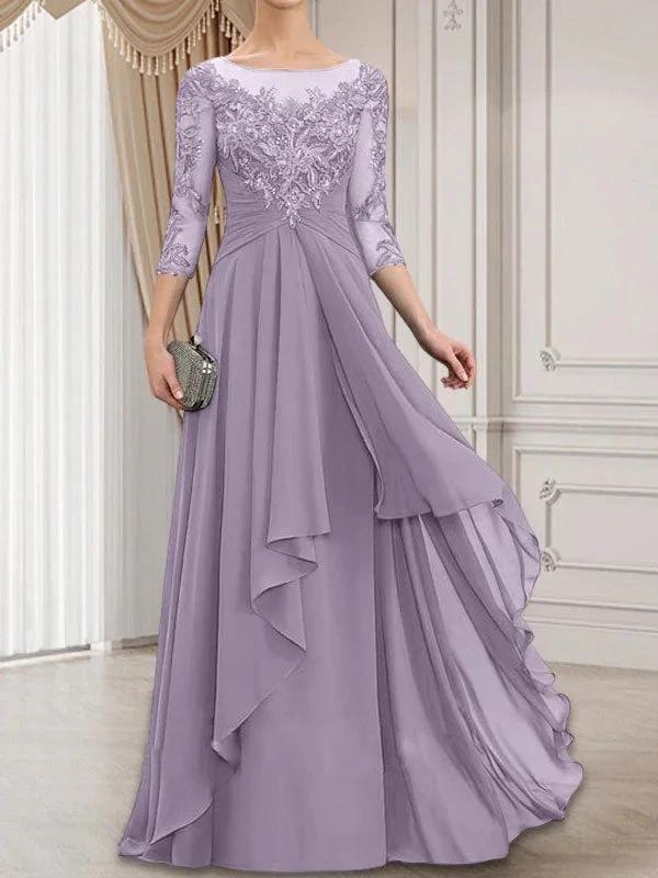 A-line Scoop Illusion Floor-Length Lace Chiffon Mother of the Bride Dress With Cascading Ruffles by Dreamylily