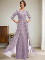 A-Line Scoop Illusion Floor-Length Lace Chiffon Mother Of the Bride Dress With Beading Ruffles by Dreamylily