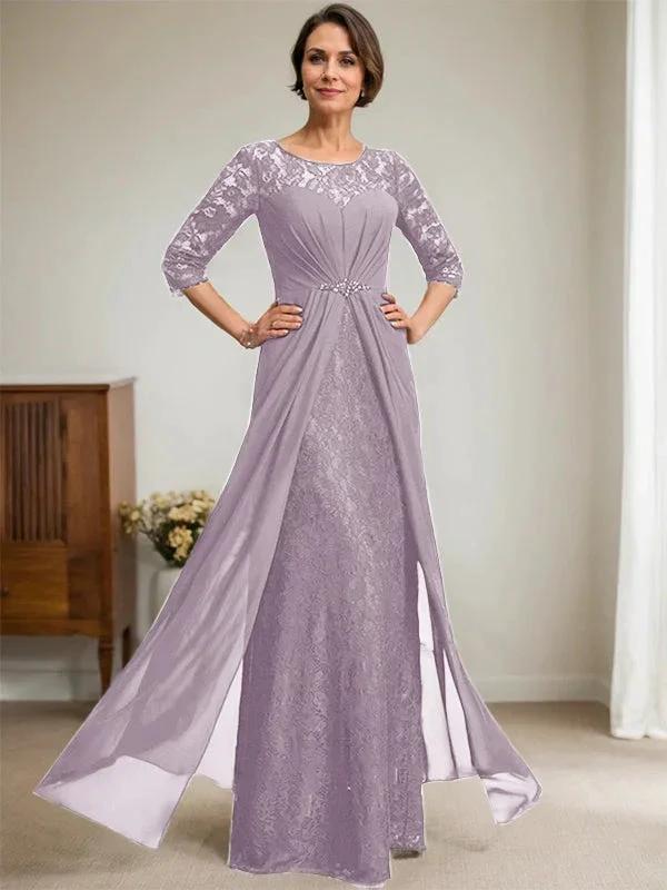 A-Line Scoop Illusion Floor-Length Lace Chiffon Mother Of the Bride Dress With Beading Ruffles by Dreamylily