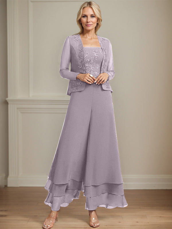Separates Jumpsuit/Pantsuit Square Ankle-Length Lace Chiffon Mother of the Bride Dress With Sequins
