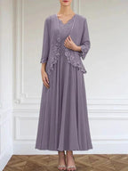 A-line V-Neck Ankle-Length Chiffon Mother of the Bride Dress With Sequins Appliques Lace Beading by Dreamylily