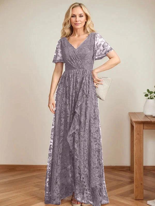 A-Line V-Neck Asymmetrical Lace Mother of the Bride Dress With Cascading Ruffles by Dreamylily