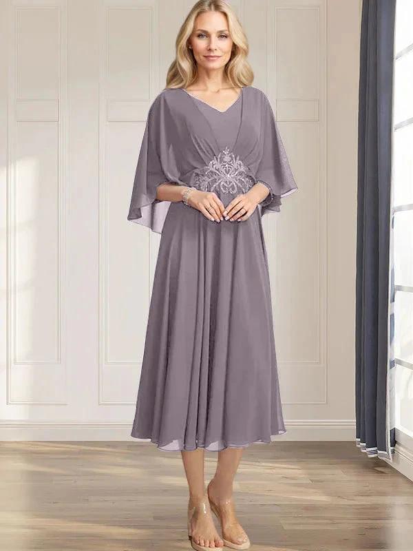A-line V-Neck Tea-Length Chiffon Mother of the Bride Dress With Pleated Sequins Appliques Lace Beadind by Dreamylily