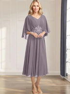 A-line V-Neck Tea-Length Chiffon Mother of the Bride Dress With Pleated Sequins Appliques Lace Beadind by Dreamylily