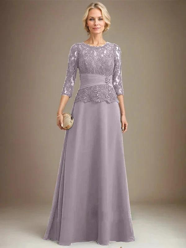 A-line Scoop Illusion Floor-Length Chiffon Lace Mother of the Bride Dress With Pleated Sequins Beading by Dreamylily