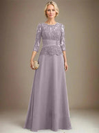 A-line Scoop Illusion Floor-Length Chiffon Lace Mother of the Bride Dress With Pleated Sequins Beading by Dreamylily