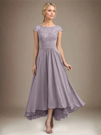 A-line Scoop Illusion Asymmetrical Lace Chiffon Mother of the Bride Dress With Pleated by Dreamylily