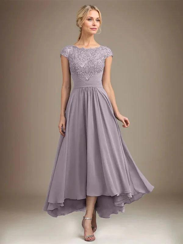 A-line Scoop Illusion Asymmetrical Lace Chiffon Mother of the Bride Dress With Pleated by Dreamylily
