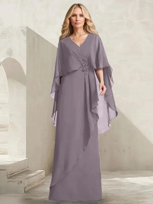 A-line V-Neck Floor-Length Chiffon Mother of the Bride Dress With Cascading Ruffles Beading by Dreamylily