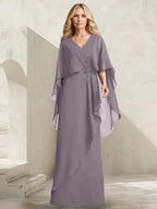 A-line V-Neck Floor-Length Chiffon Mother of the Bride Dress With Cascading Ruffles Beading by Dreamylily