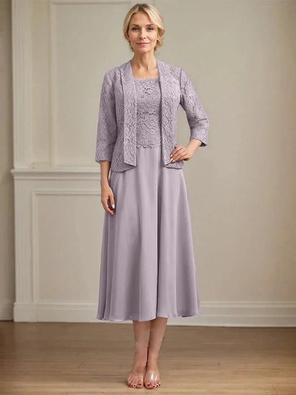 A-line Scoop Tea-Length Lace Chiffon Mother of the Bride Dress by Dreamylily