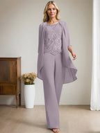Separates Jumpsuit/Pantsuit Scoop Floor-Length Chiffon Lace Mother of the Bride Dress With Beading Sequins