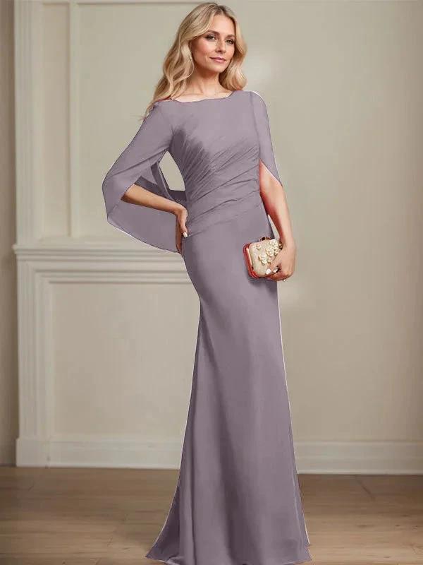 Trumpet/Mermaid Boat Neck Floor-Length Chiffon Mother of the Bride Dress With Pleated by Dreamylily