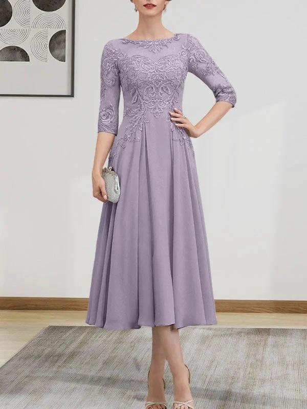 A-line Scoop Illusion Tea-Length Chiffon Lace Mother of the Bride Dress With Beading Sequins by Dreamylily