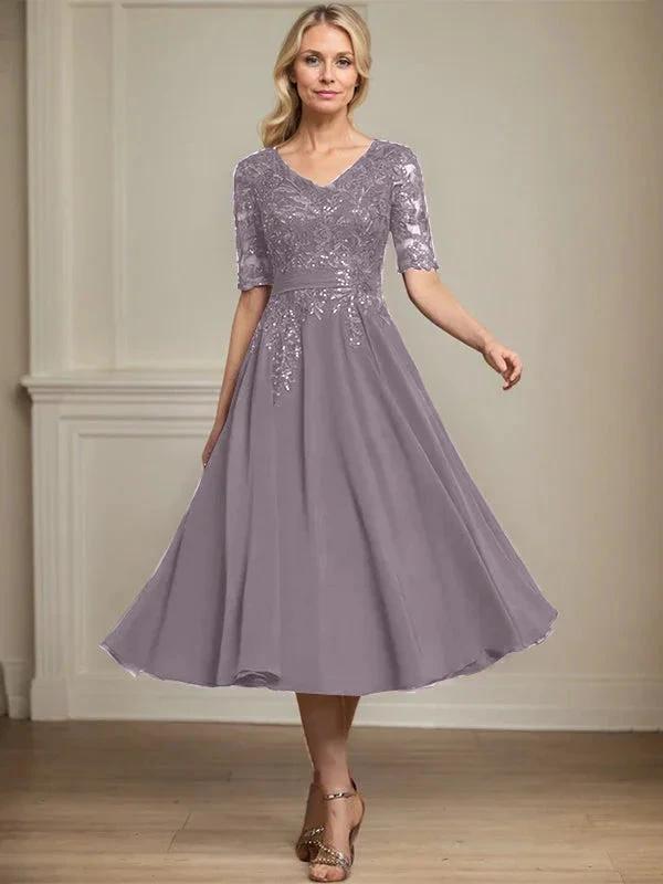 A-line V-Neck Tea-Length Lace Chiffon Mother of the Bride Dress With Sequins by Dreamylily
