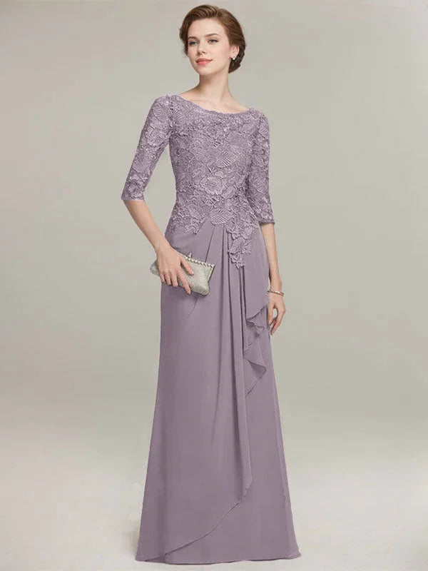 Vestido de gasa con encaje, corte A, escote ilusión, largo hasta el suelo, para madre de la novia con volantes en cascada 