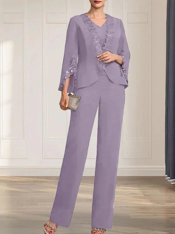 Separates Jumpsuit/Pantsuit V-Neck Floor-Length Chiffon Mother of the Bride Dress by Dreamylily