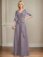 A-line V-Neck Floor-Length Lace Chiffon Mother of the Bride Dress With Cascading Ruffles Sequins by Dreamylily