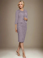 Sheath/Column Scoop Knee-Length Chiffon Lace Mother of the Bride Dress With Beading by Dreamylily
