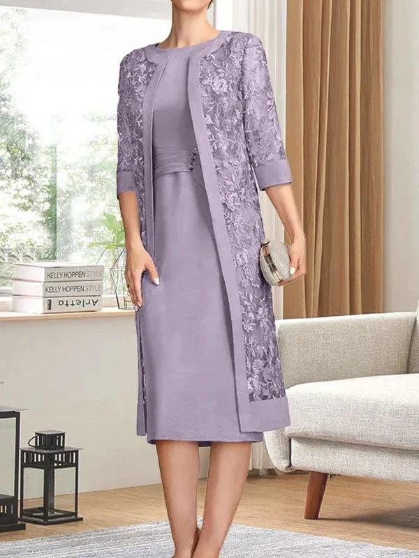 Sheath/Column Scoop Knee-Length Chiffon Mother of the Bride Dress With Pleated Sequins by Dreamylily