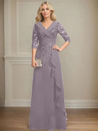 A-line Collared V-Neck Floor-Length Lace Chiffon Mother of the Bride Dress With Sequins Cascading Ruffles by Dreamylily