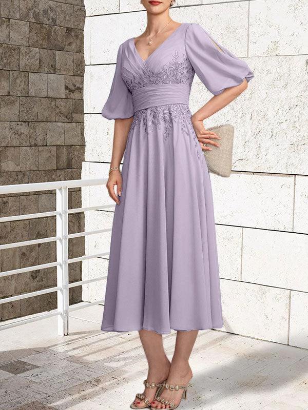 A-line V-Neck Tea-Length Lace Chiffon Mother of the Bride Dress With Pleated by Dreamylily