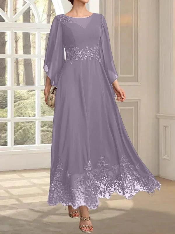 A-line Scoop Illusion Ankle-Length Lace Chiffon Mother of the Bride Dress With Sequins by Dreamylily