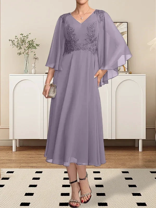 A-line V-Neck Tea-Length Chiffon Lace Mother of the Bride Dress With Beading Sequins by Dreamylily