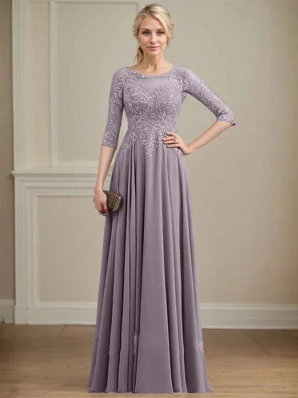 A-line Scoop Illusion Floor-Length Lace Chiffon Mother of the Bride Dress With Sequins by Dreamylily