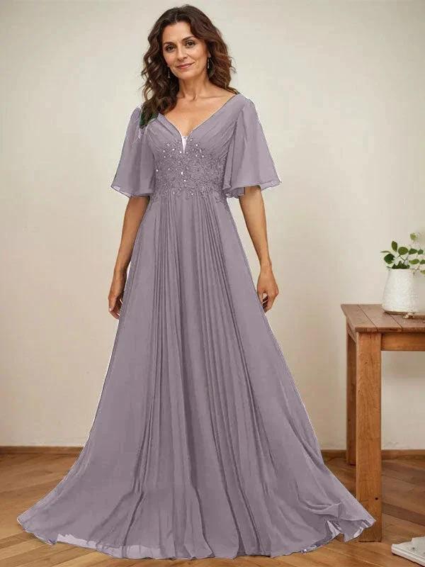 A-line V-Neck Floor-Length Chiffon Mother of the Bride Dress With Sequins Appliques Lace Pleated by Dreamylily