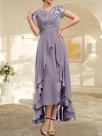A-line Scoop Illusion Asymmetrical Chiffon Lace Mother of the Bride Dress With Bow Ruffle Sequins by Dreamylily