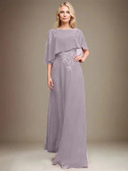 A-line Scoop Floor-Length Chiffon Lace Mother of the Bride Dress With Sequins Beading by Dreamylily