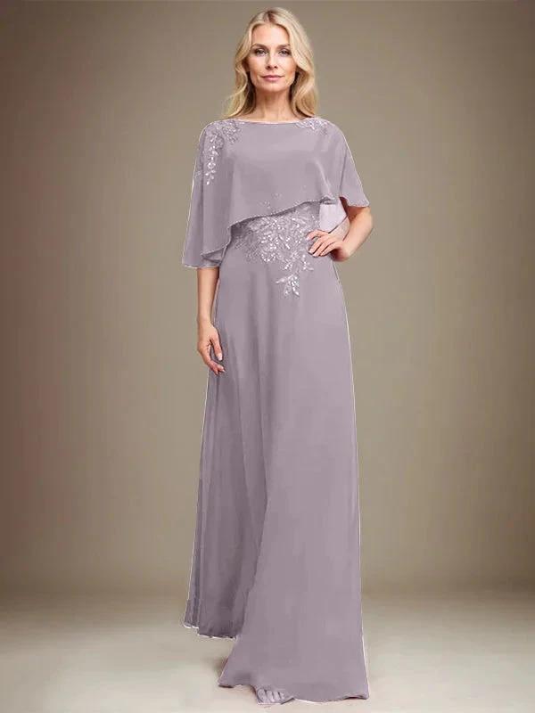 A-line Scoop Floor-Length Chiffon Lace Mother of the Bride Dress With Sequins Beading by Dreamylily